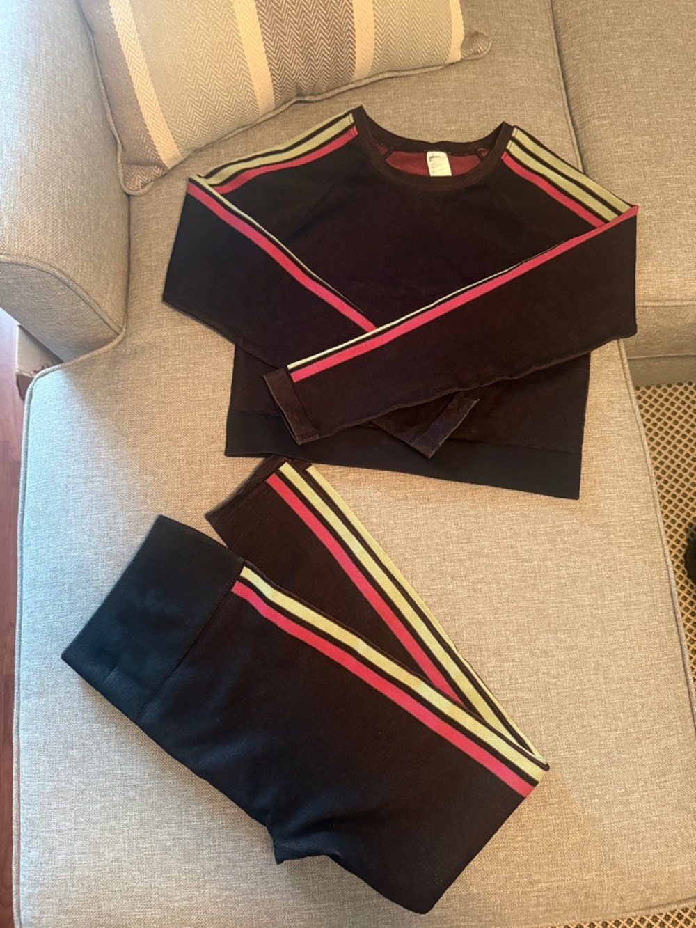 Fabletics Set Black Leggings and Crop Top with Pink and Green Stripes